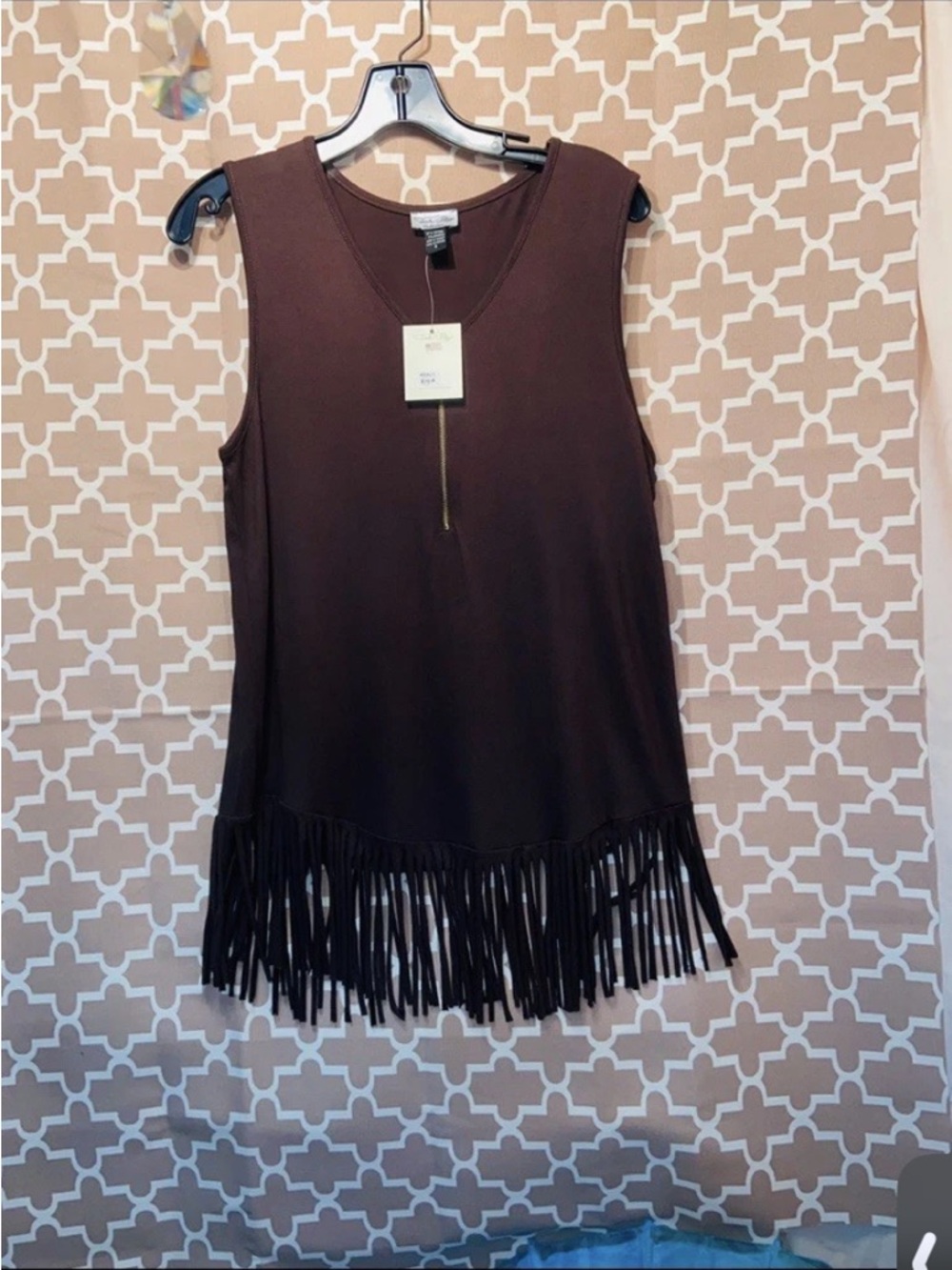 Tasha Polizzi Brown Sleeveless Fringe Tank with Front Zip